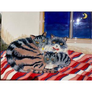 Tile Featuring Pituresque Pile of Kitty Cats Cozy on a Rug Moon and Stars